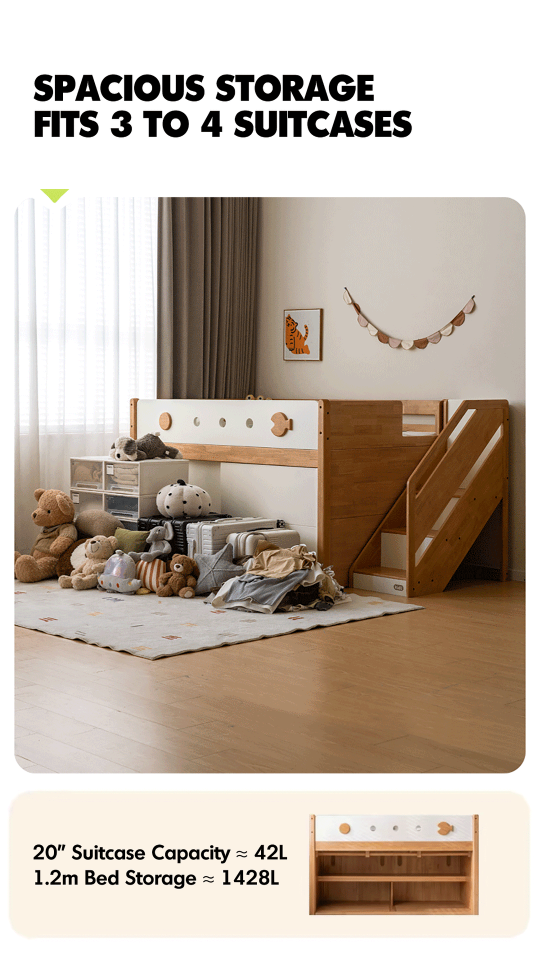 Scandinavian Rubber Wood Kids Storage Bed LUNOR