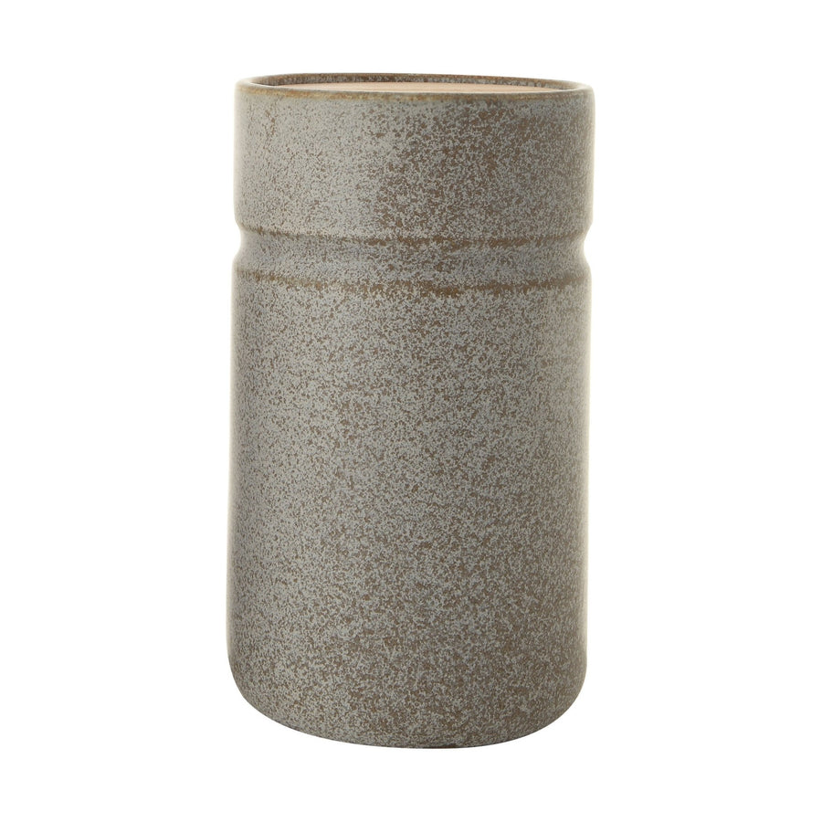 Large green & brown speckled stoneware jar with bamboo lid decor in white background.