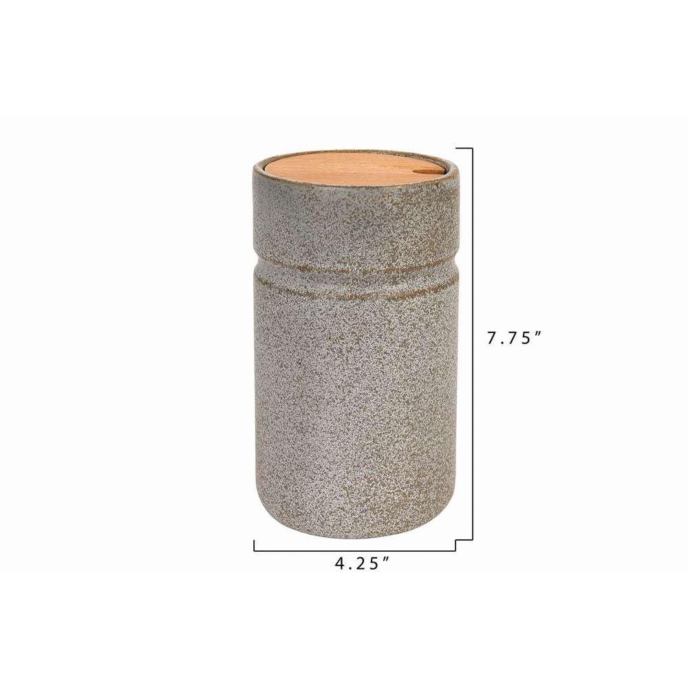 Large green & brown speckled stoneware jar with bamboo lid decor primary product view.