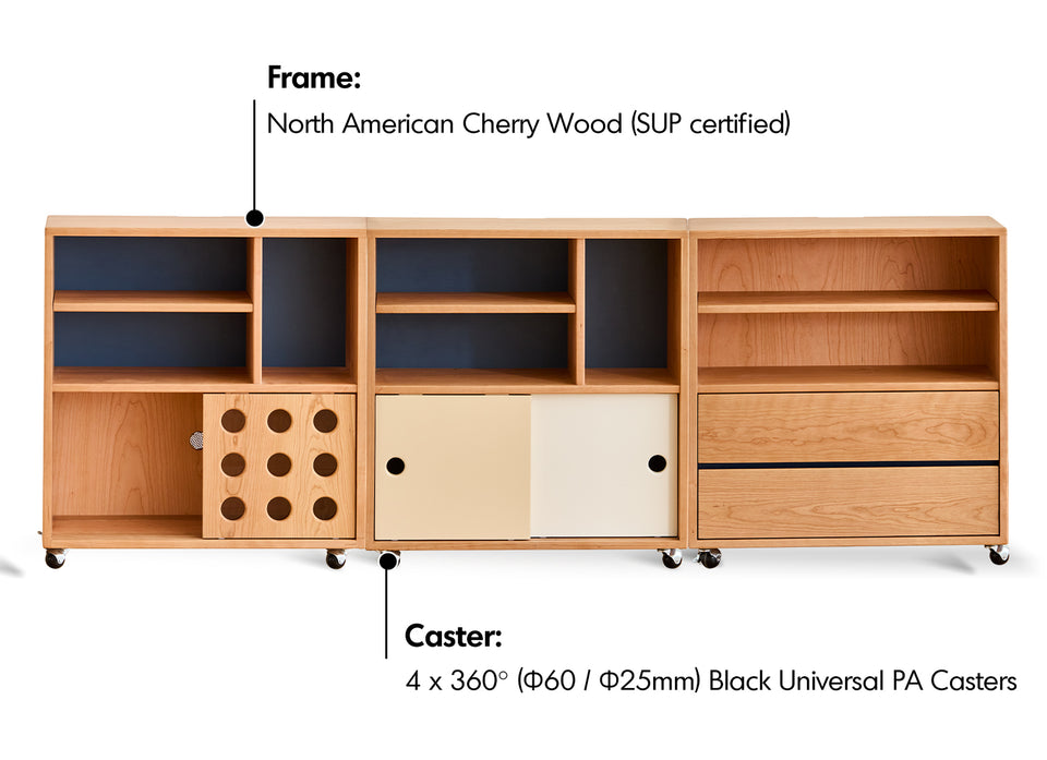 Scandinavian Cherry Wood Wheel Mobility Cabinet TIMELESS Material Details Chart