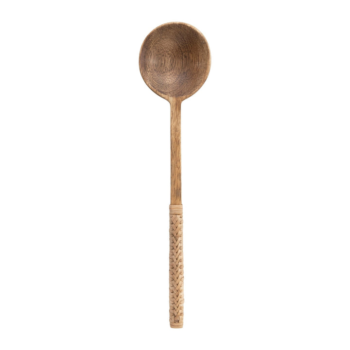 Mango wood spoon with bamboo wrapped handle decor in white background.