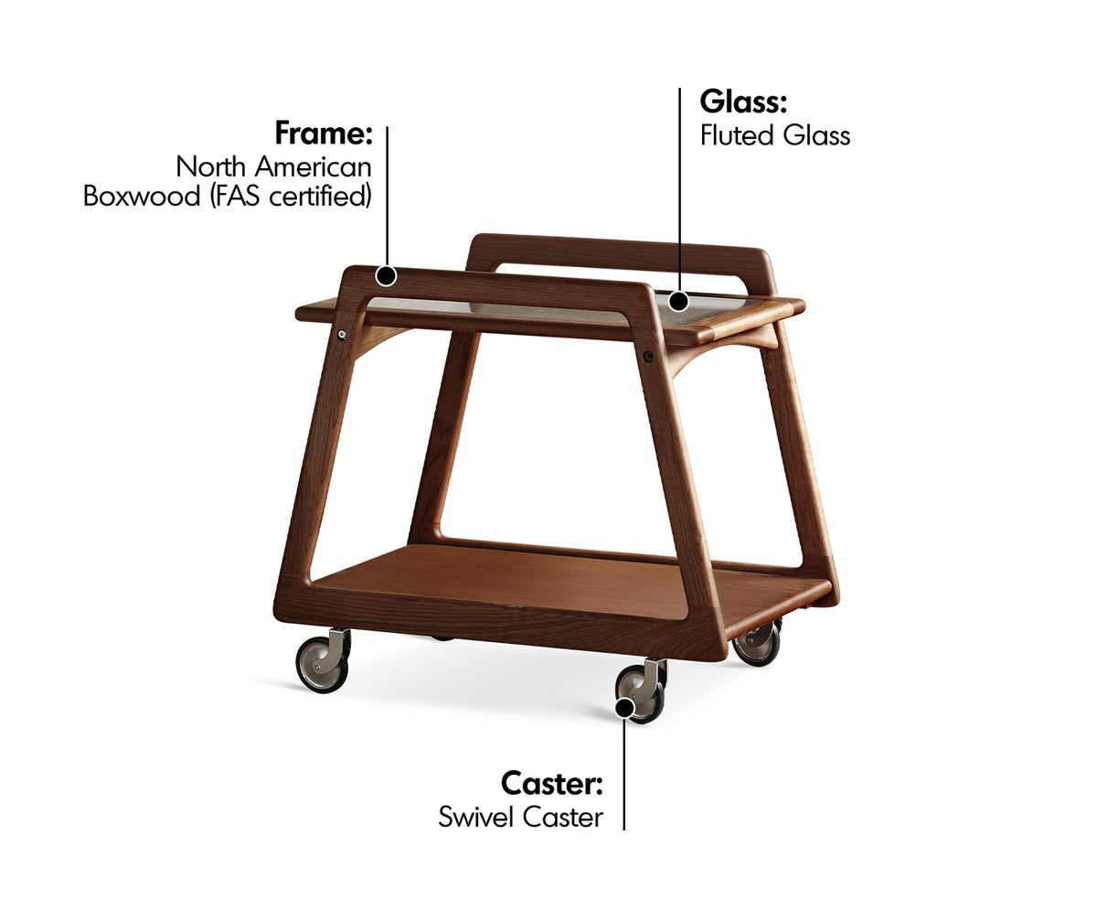 Vintage Boxwood Wheeled Trolley Side Table YOYO Material Details Chart