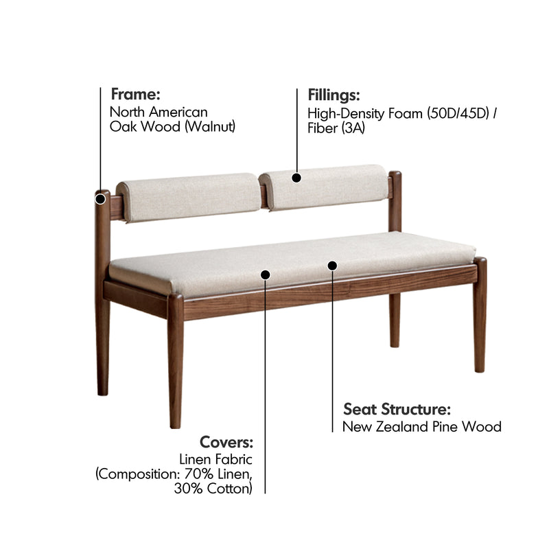 Japandi Oak Wood Mixed Weave Fabric Dining Bench PILLAR WALNUT Material Details Chart