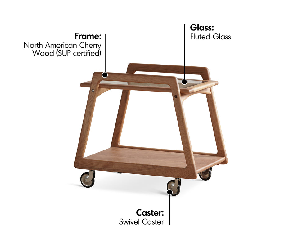 Scandinavian Cherry Wood Wheeled Trolley Side Table YOYO Material Details Chart
