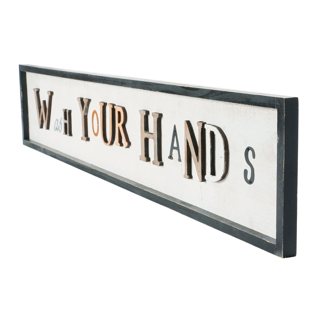 Mdf framed wall decor "wash your hands", multi color color swatches.