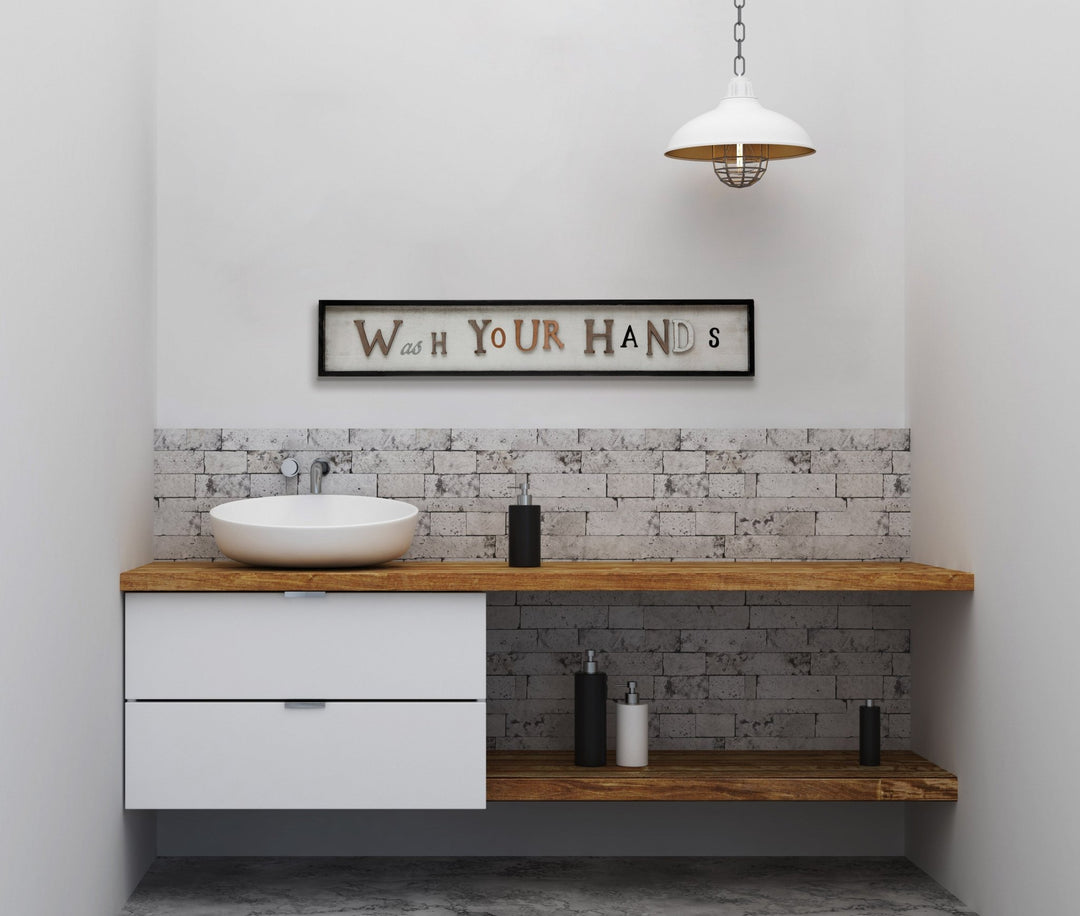 Mdf framed wall decor "wash your hands", multi color with context.