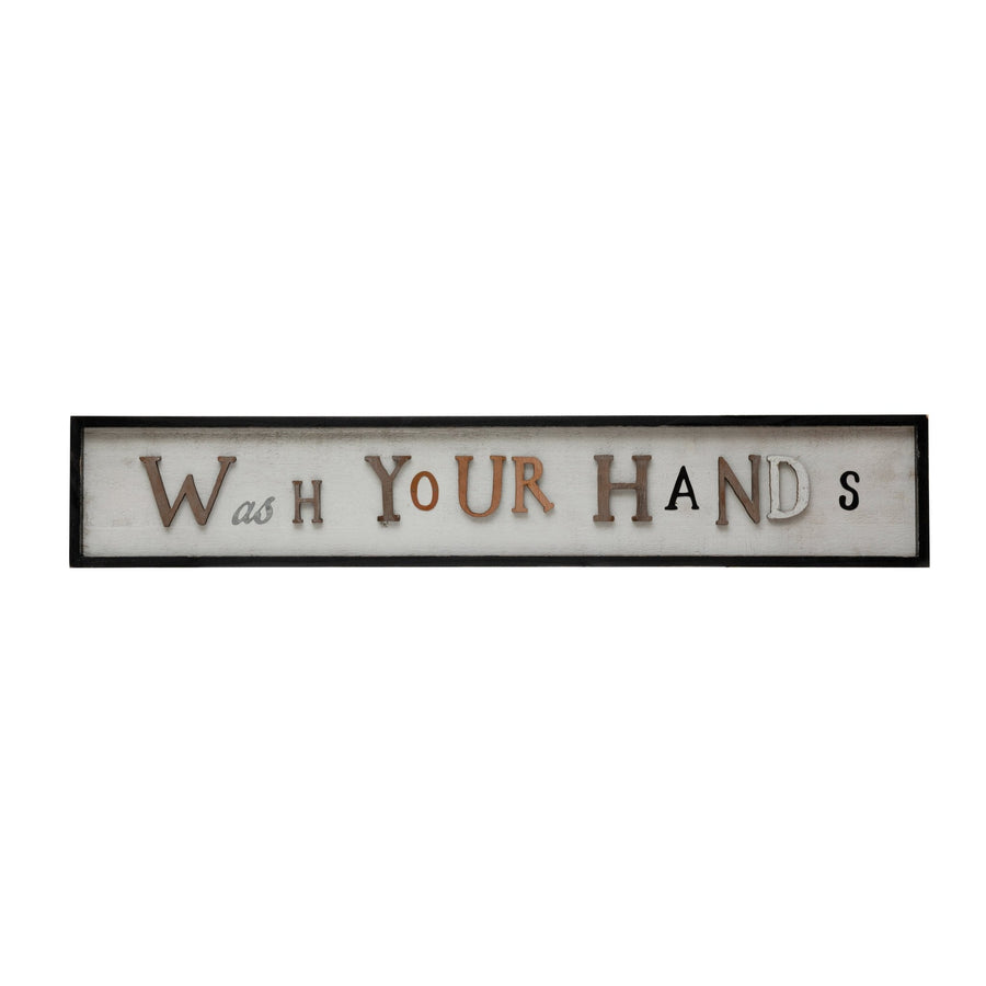 Mdf framed wall decor "wash your hands", multi color in white background.