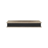 Medium wood wall shelf w/ chalkboard front (hangs or sits) in white background.