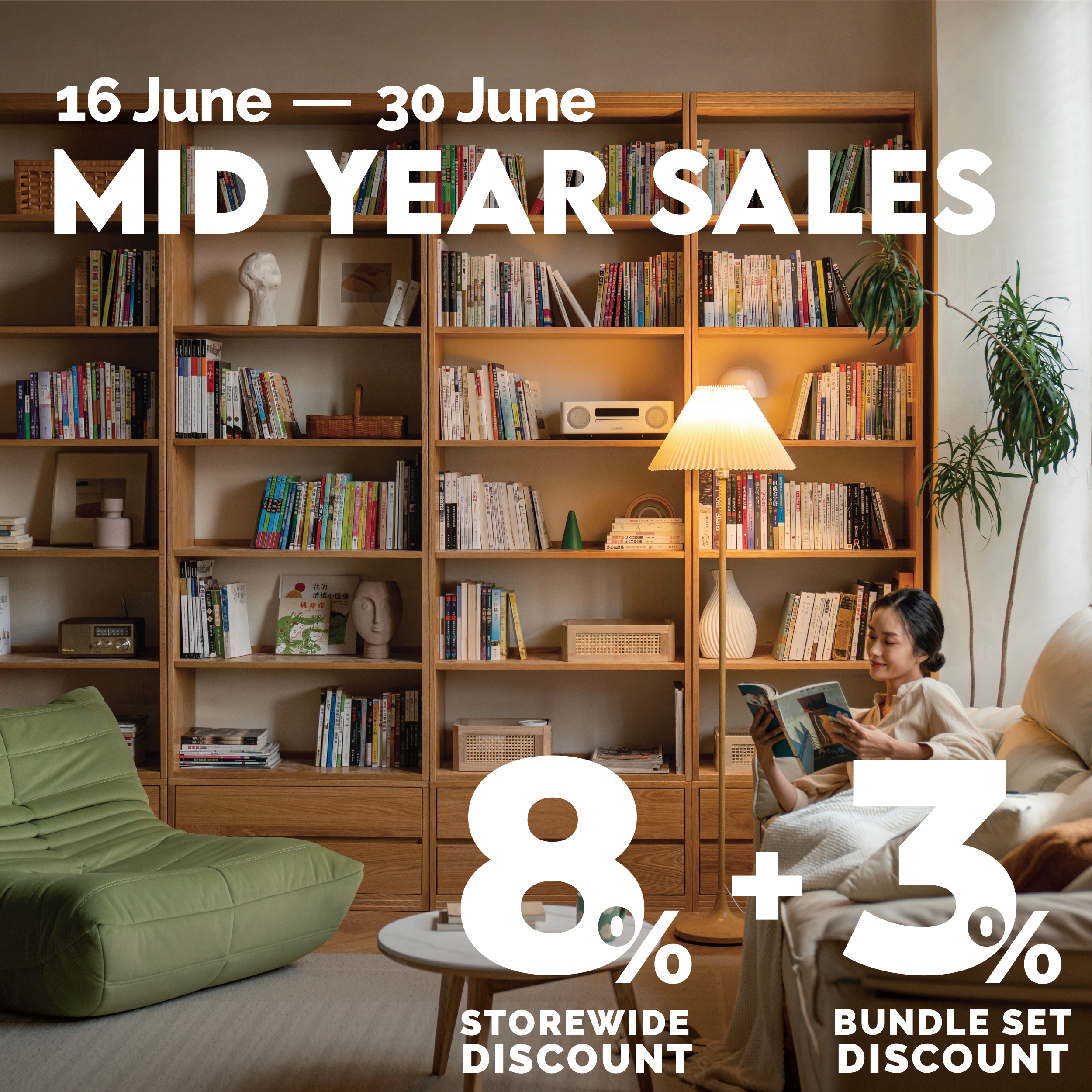 Mobile Mid-Year Sale banner featuring a cozy reading scene with bookshelf, green lounge chair, and beige sofa, highlighting 8% storewide and 3% bundle discount at Loft Home.