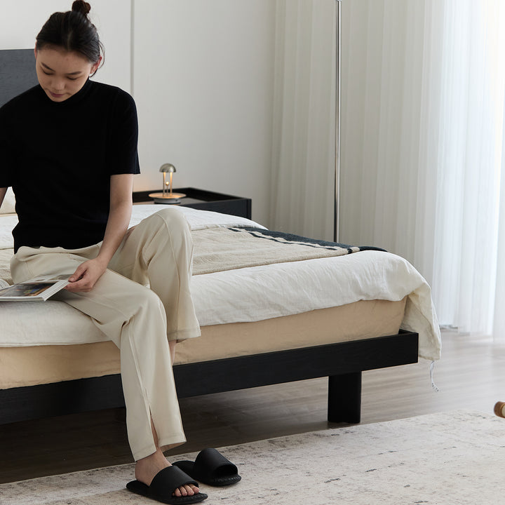 Minimalist ash wood veneer bed monk color swatches.