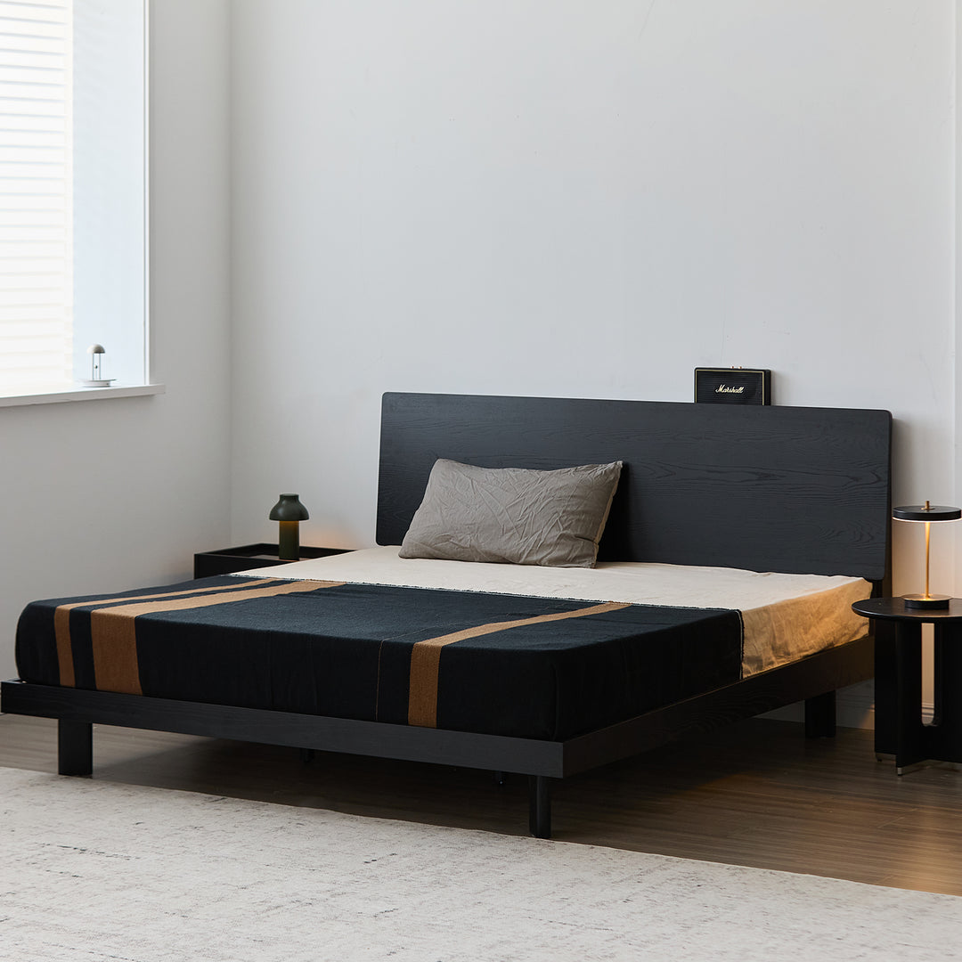 Minimalist ash wood veneer bed monk with context.