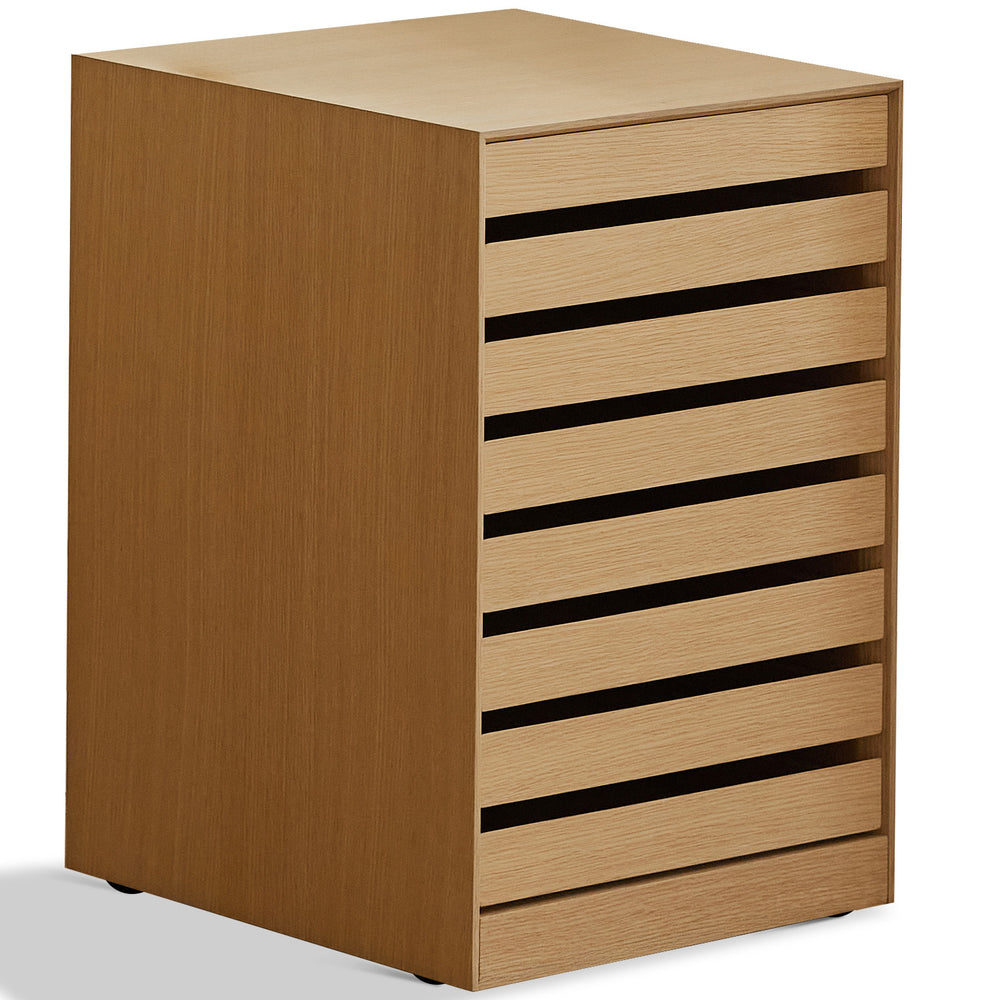 Minimalist ash wood veneer chest of 7 drawers lucy in white background.