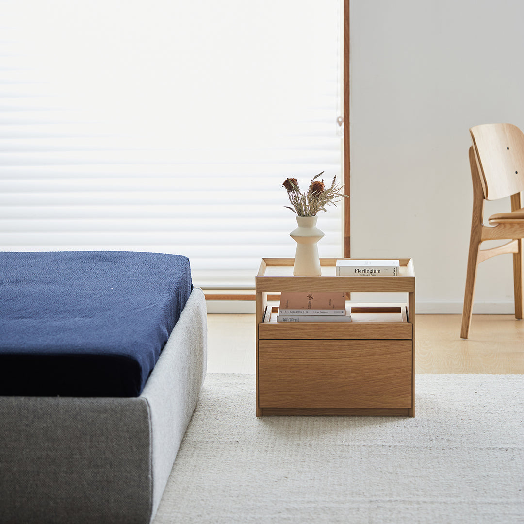 Minimalist ash wood veneer side table charl in close up details.