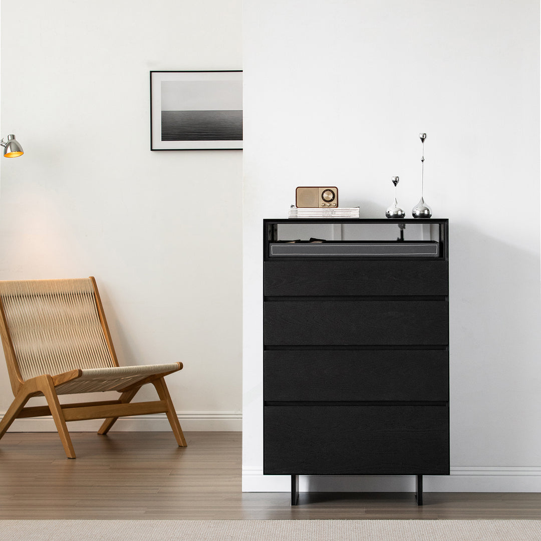 Minimalist ash wood veneer chest of 4  drawers grid in still life.