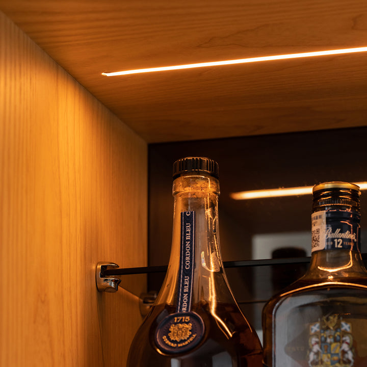 Minimalist ash wood veneer display cabinet  grid in close up details.