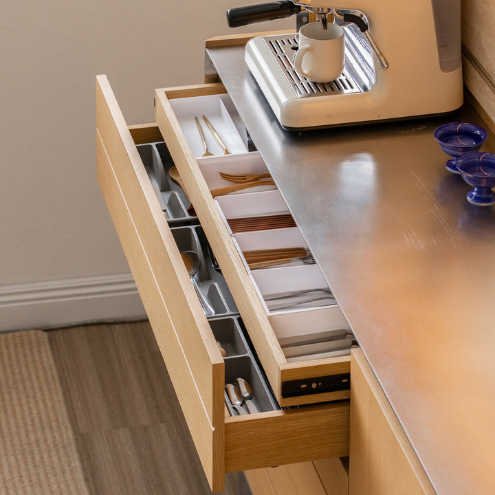 Minimalist ash wood veneer kitchen cabinet less in real life style.