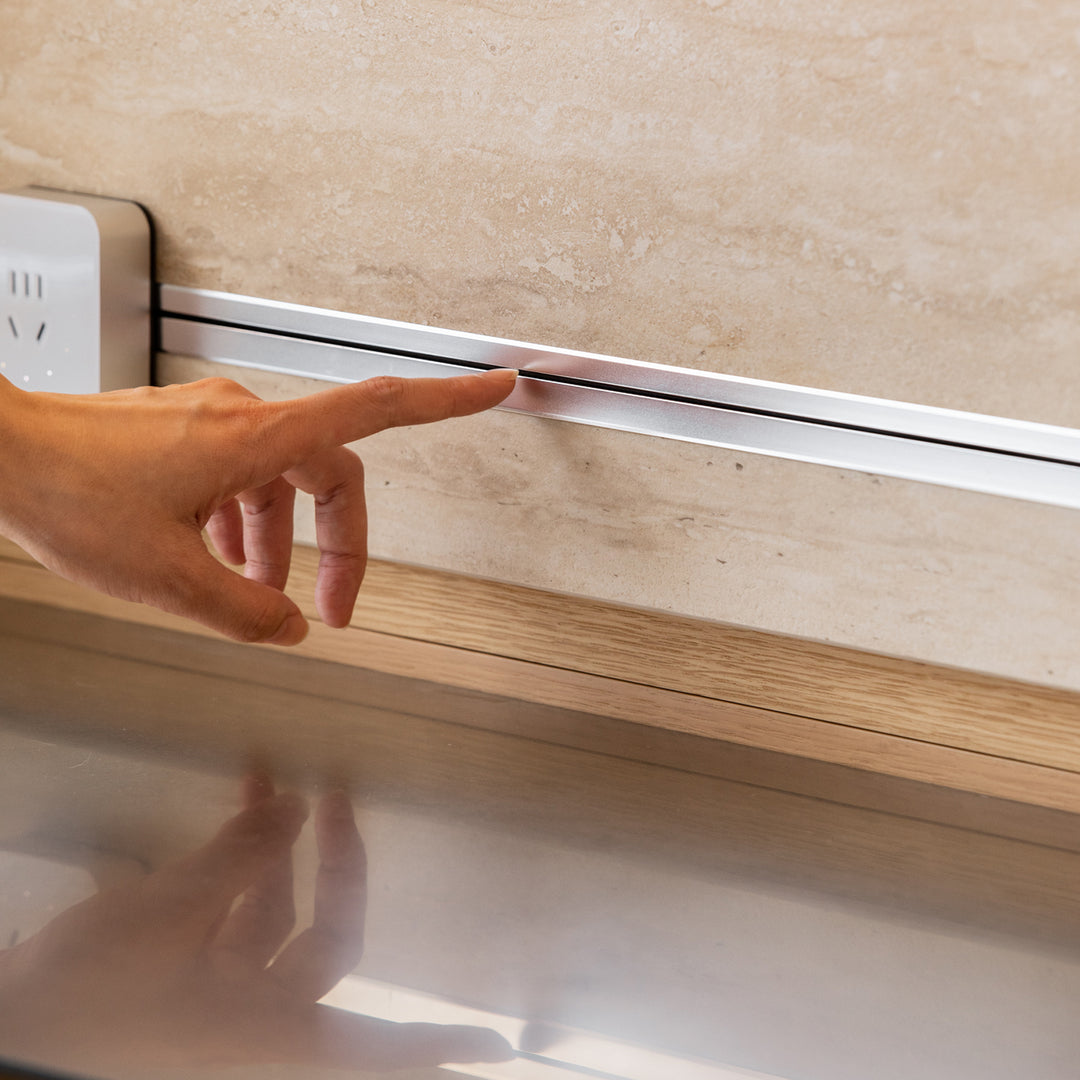 Minimalist ash wood veneer kitchen cabinet less with context.