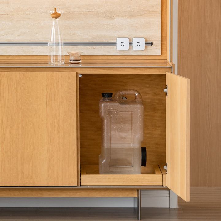 Minimalist ash wood veneer kitchen cabinet less in close up details.