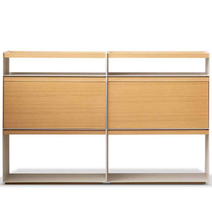 Minimalist ash wood veneer modular cabinet aesop in white background.