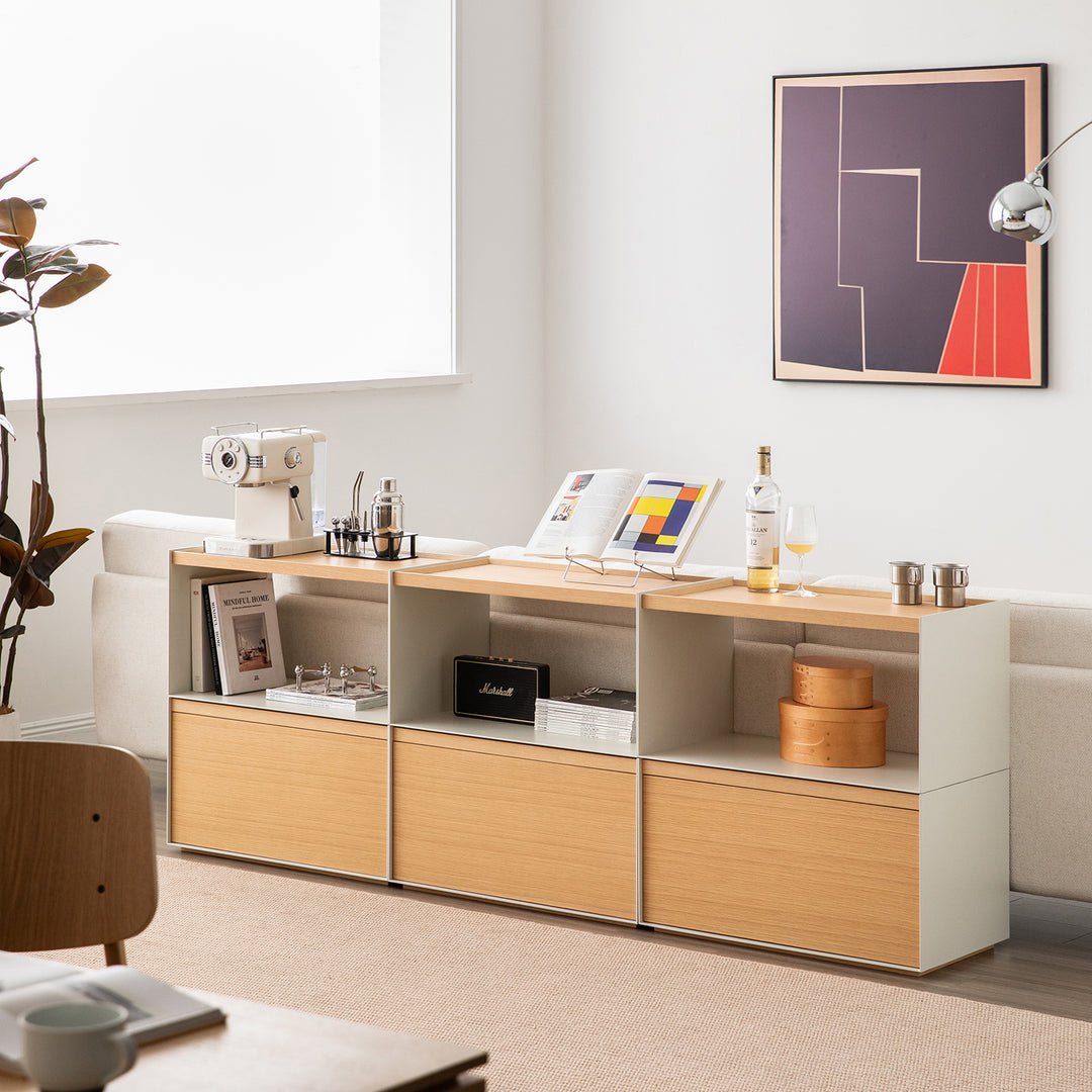 Minimalist ash wood veneer modular cabinet aesop in close up details.