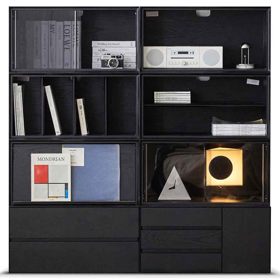 Minimalist ash wood veneer modular cabinet shadow in white background.