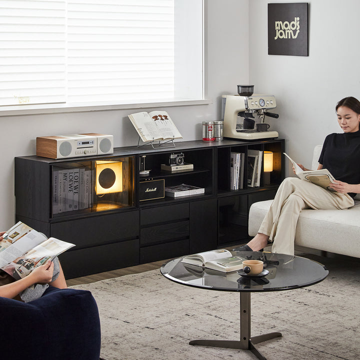 Minimalist ash wood veneer modular cabinet shadow material variants.