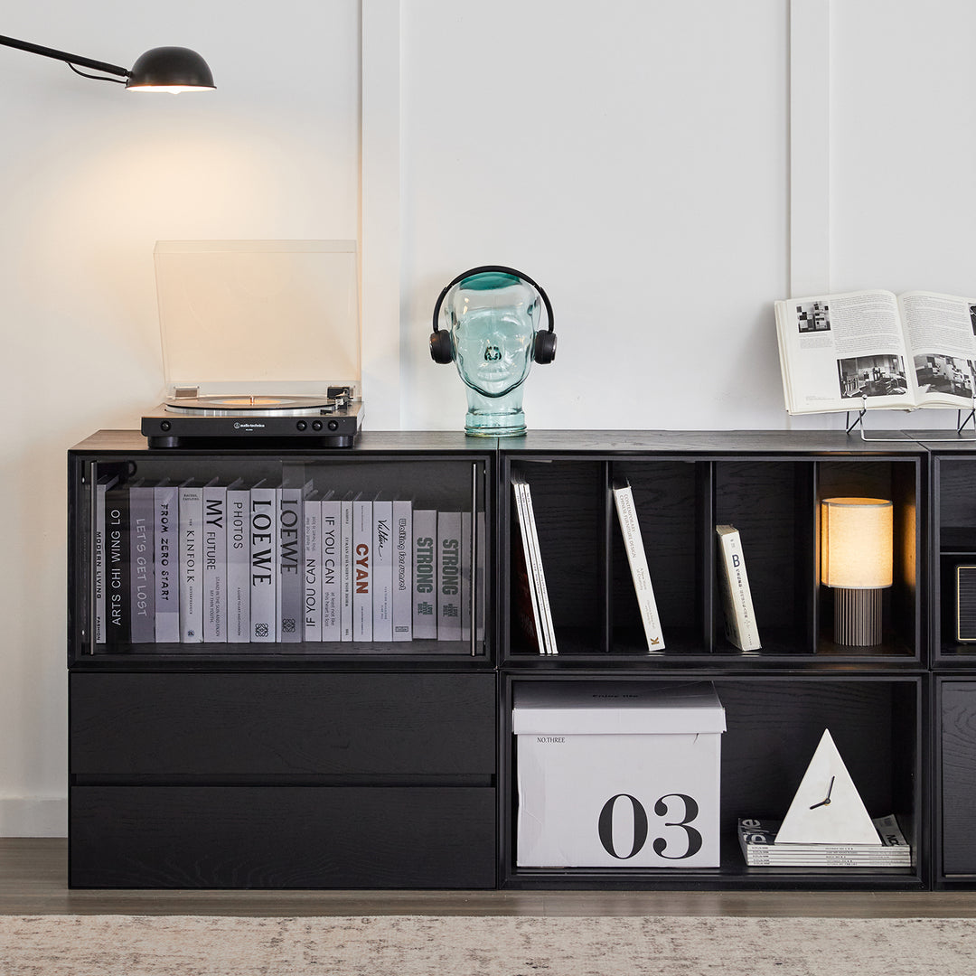Minimalist ash wood veneer modular cabinet shadow with context.