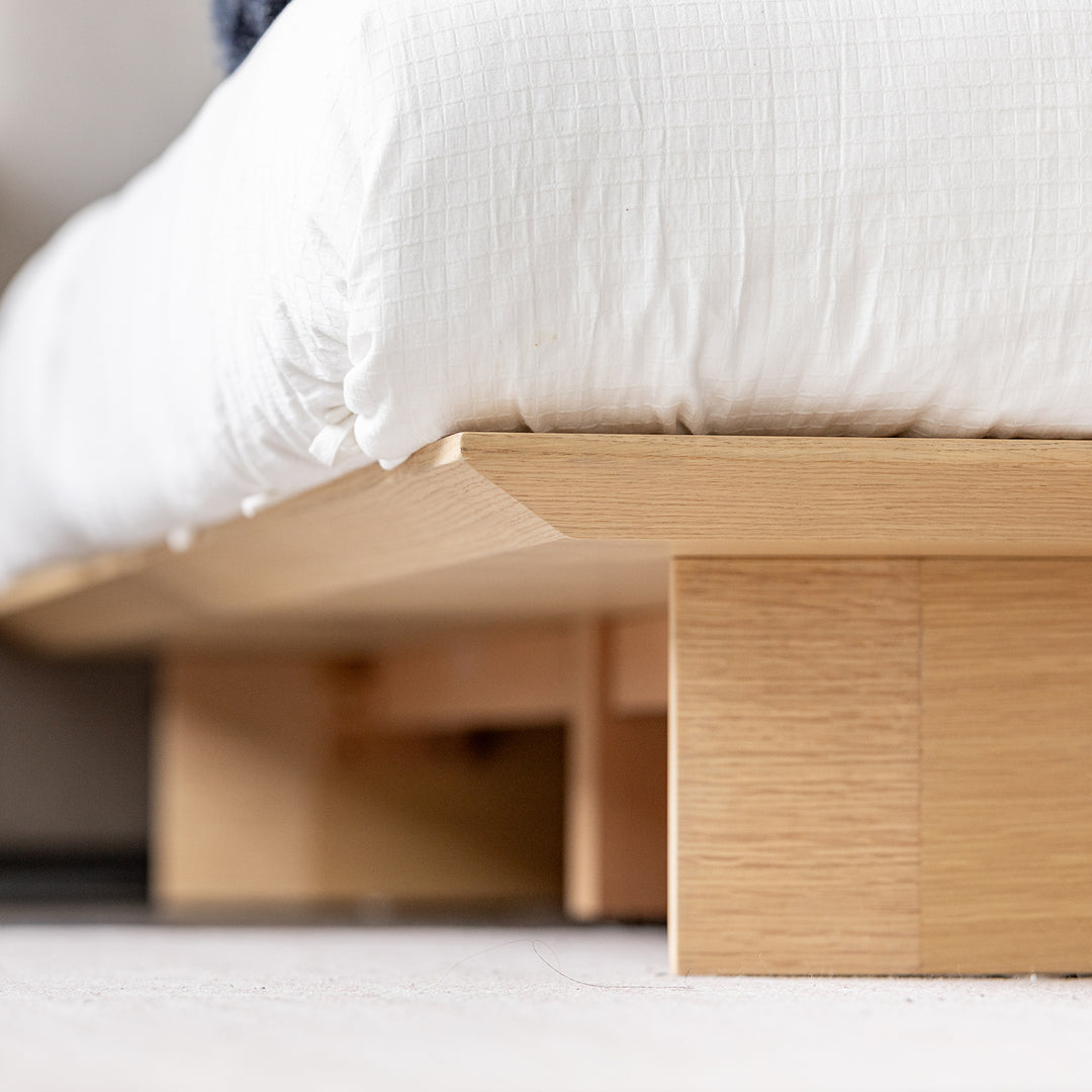 Minimalist ash wood veneer platform floating bed winter in still life.