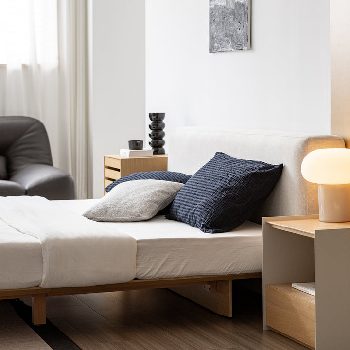 Minimalist ash wood veneer platform floating bed winter with context.