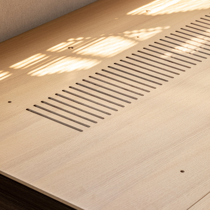 Minimalist ash wood veneer platform floating bed winter in details.