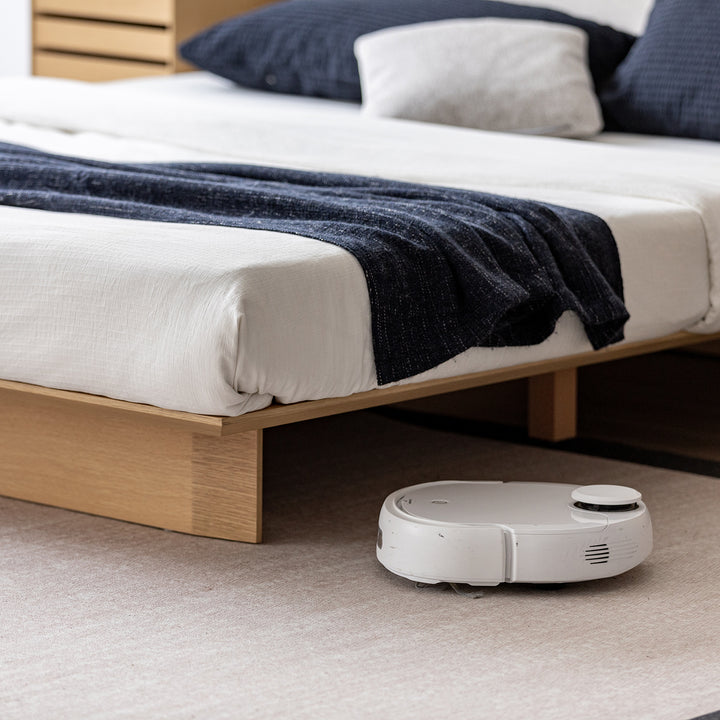 Minimalist ash wood veneer platform floating bed winter in panoramic view.