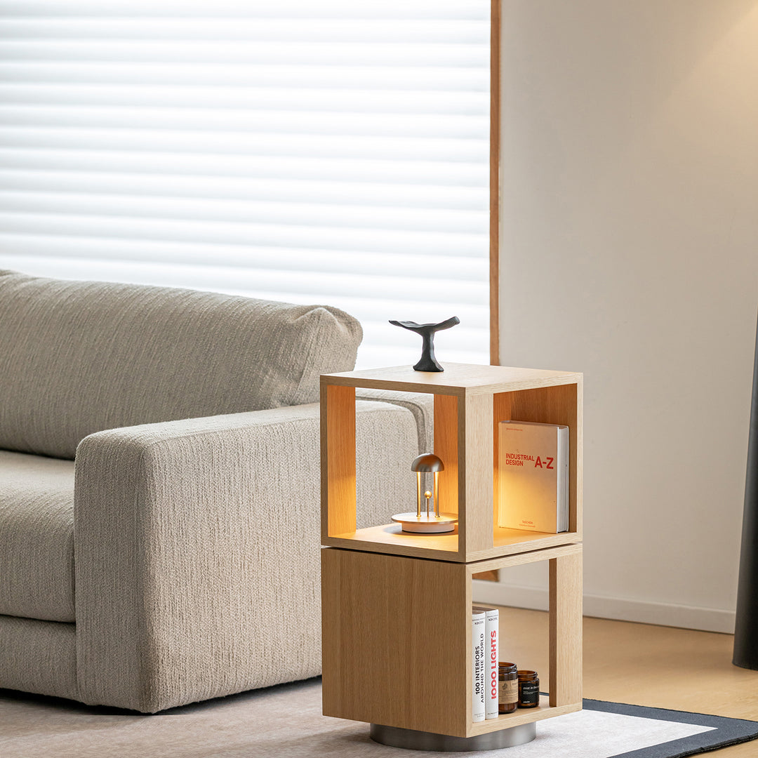 Minimalist ash wood veneer revolving side table axel in close up details.