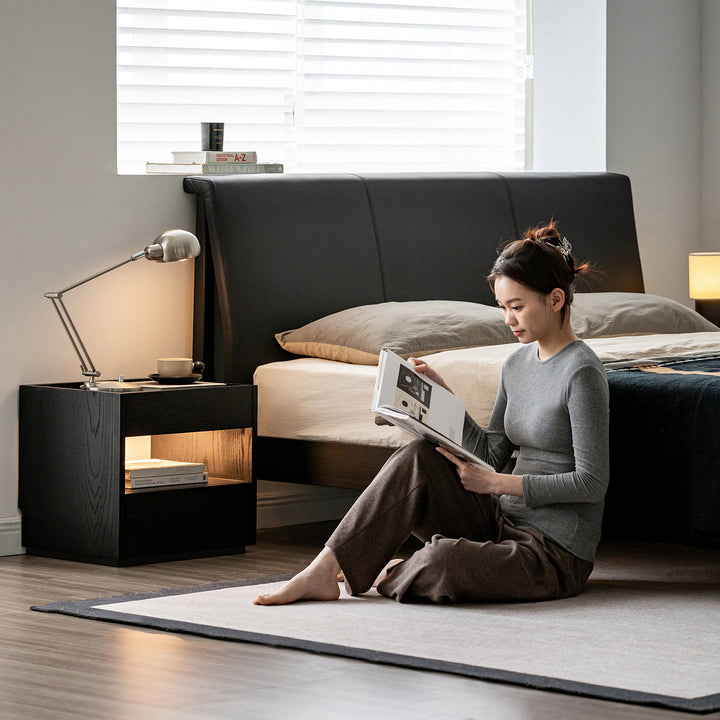 Minimalist ash wood veneer side table monk in panoramic view.