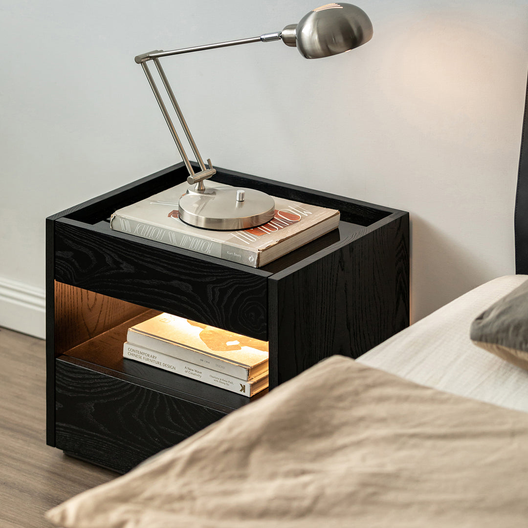 Minimalist ash wood veneer side table monk in still life.