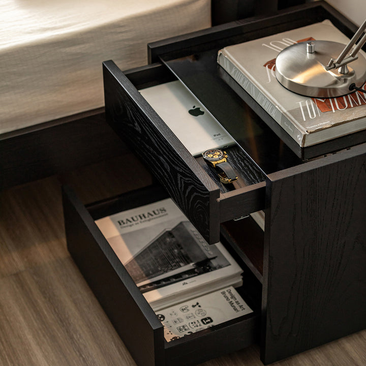 Minimalist ash wood veneer side table monk material variants.