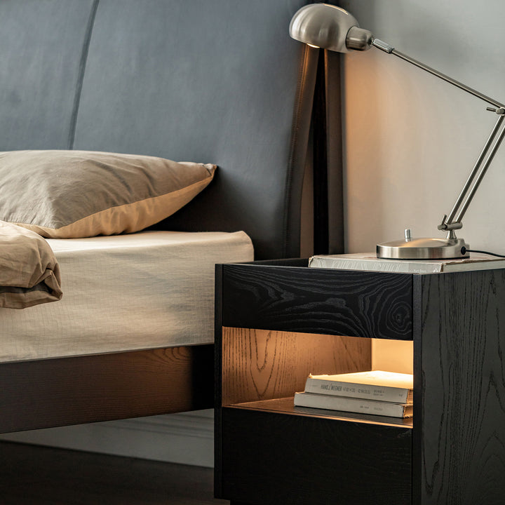 Minimalist ash wood veneer side table monk in real life style.