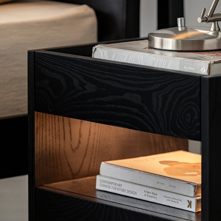 Minimalist ash wood veneer side table monk with context.