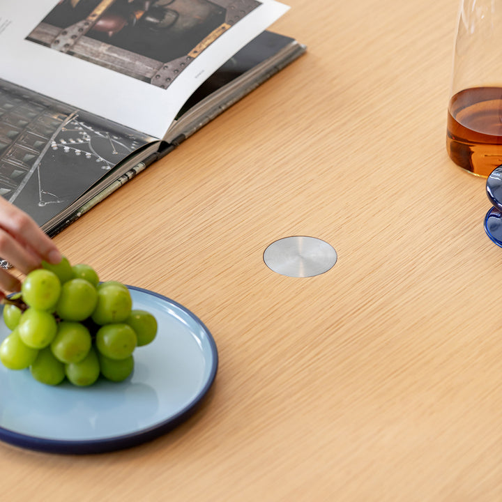 Minimalist ash wood veneer stainless steel round dining table aeri with context.