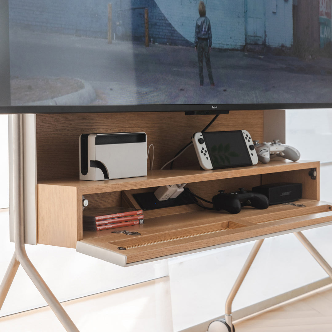 Minimalist ash wood veneer tv hanger roam conceptual design.