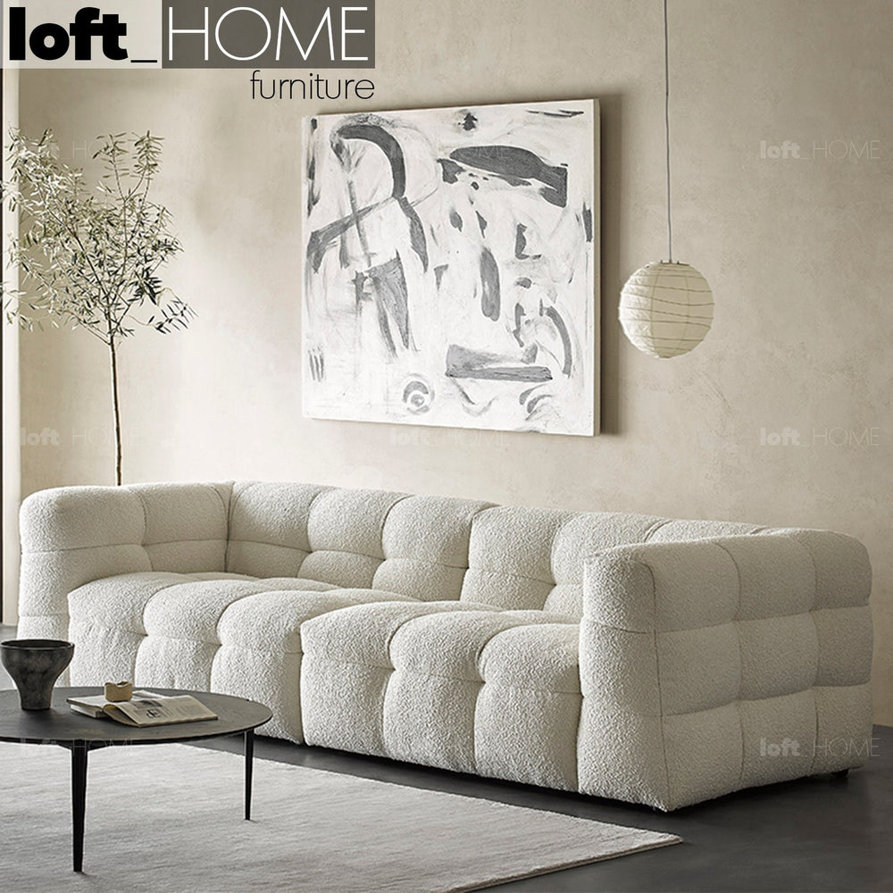 Minimalist boucle fabric 4 seater sofa boba primary product view.