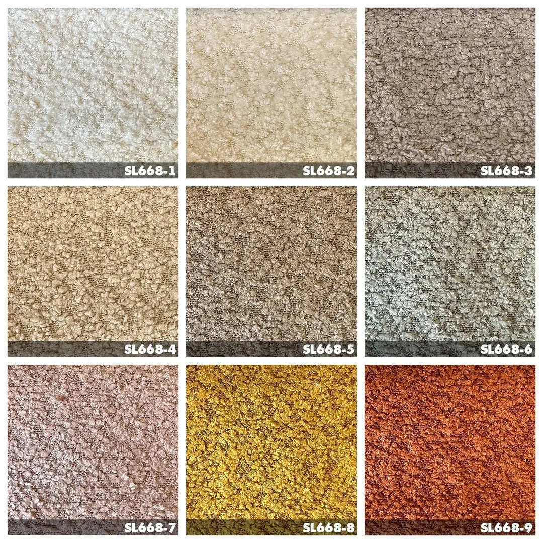 Minimalist boucle fabric 4 seater sofa boba color swatches.