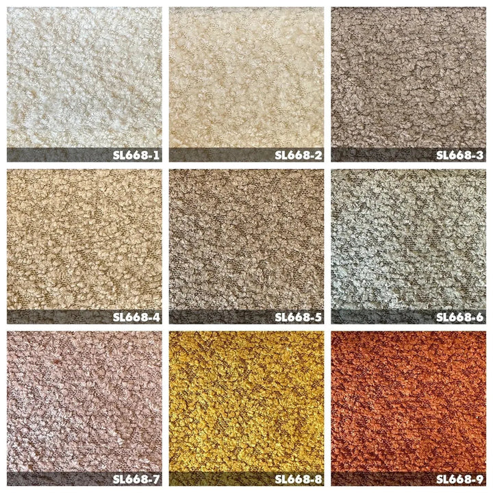 Minimalist boucle fabric 4 seater sofa boba color swatches.