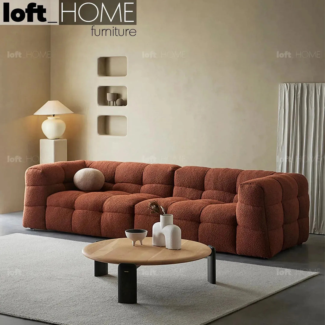 Minimalist boucle fabric 4 seater sofa boba in details.