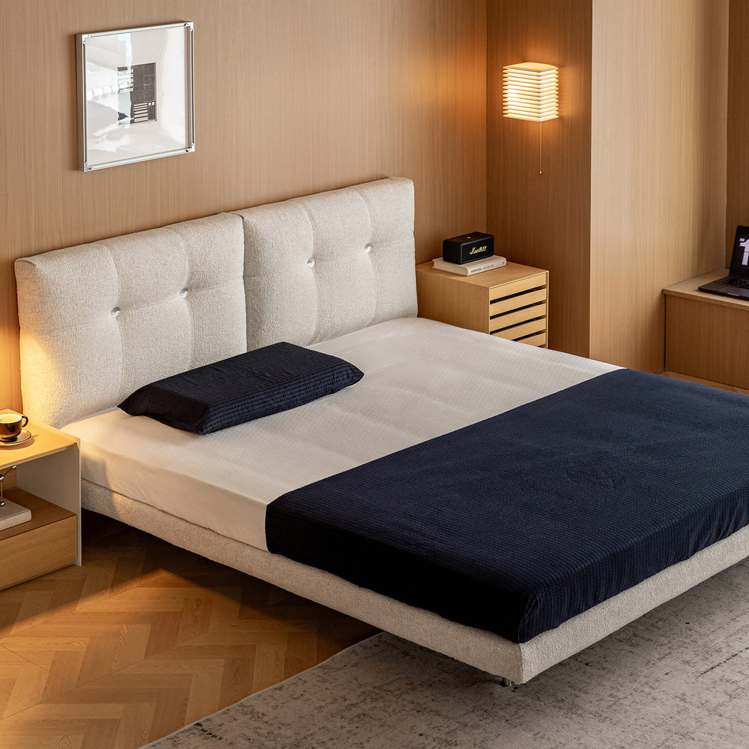 Minimalist boucle fabric bed morn color swatches.