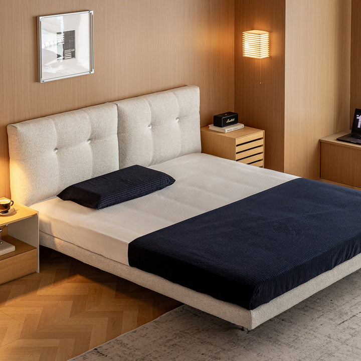 Minimalist boucle fabric bed morn color swatches.