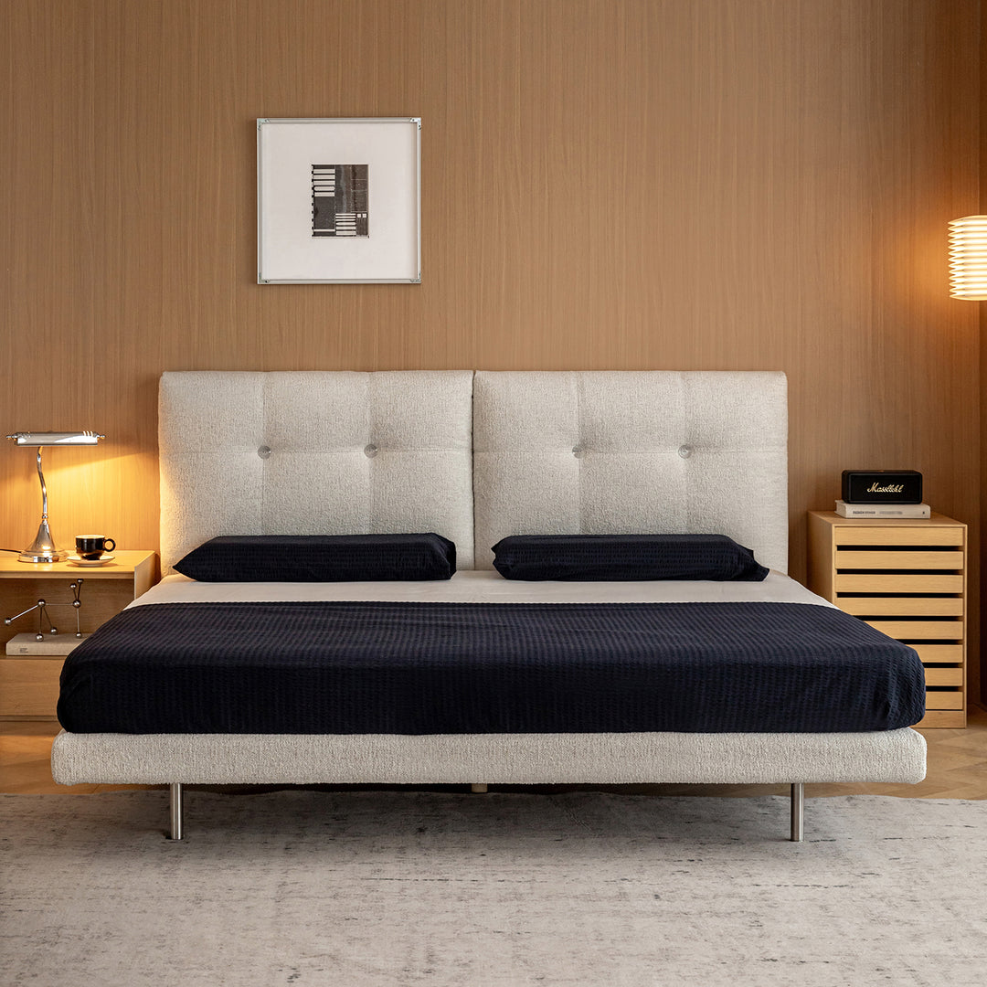 Minimalist boucle fabric bed morn material variants.