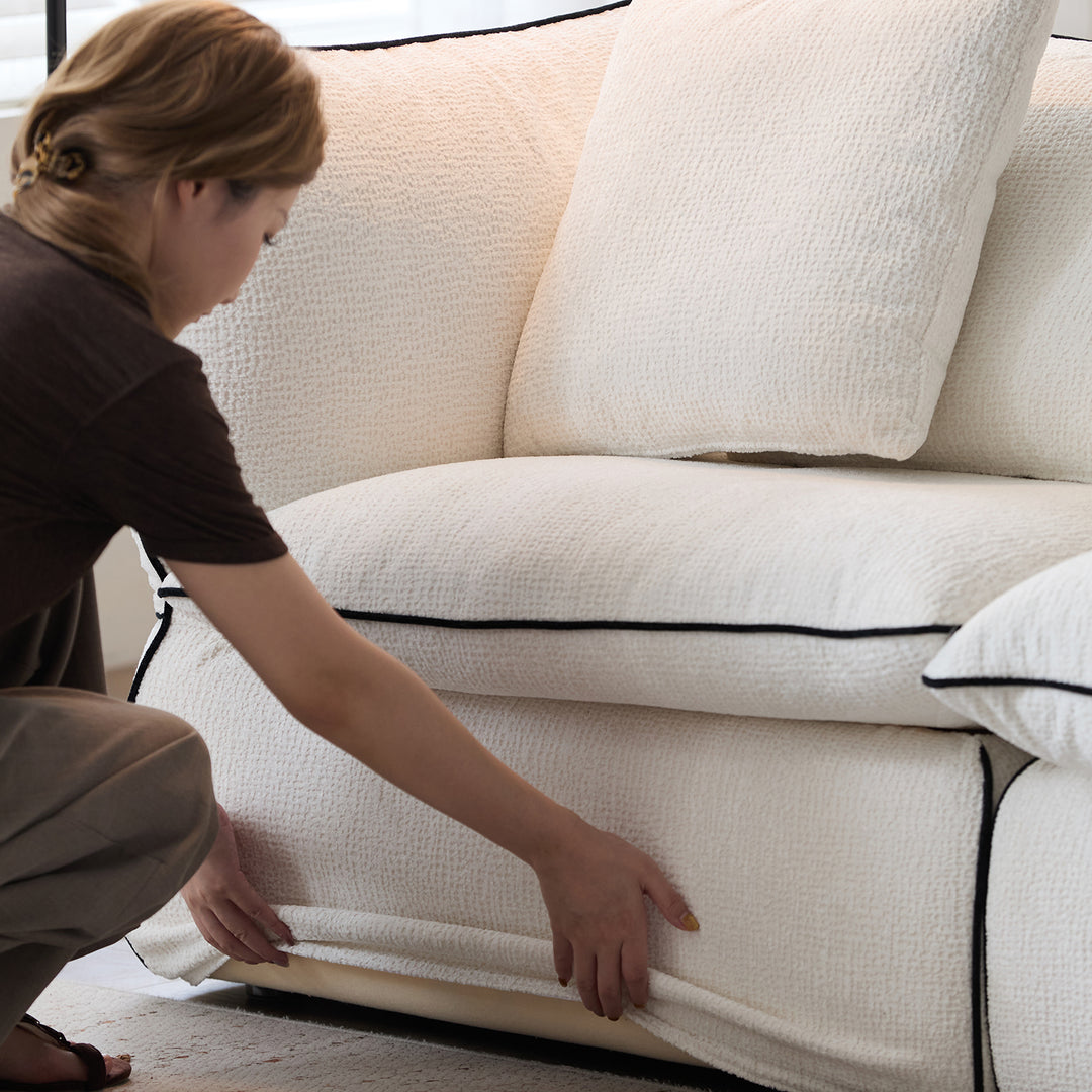 Minimalist chenille velvet fabric 2 seater sofa cloud with context.