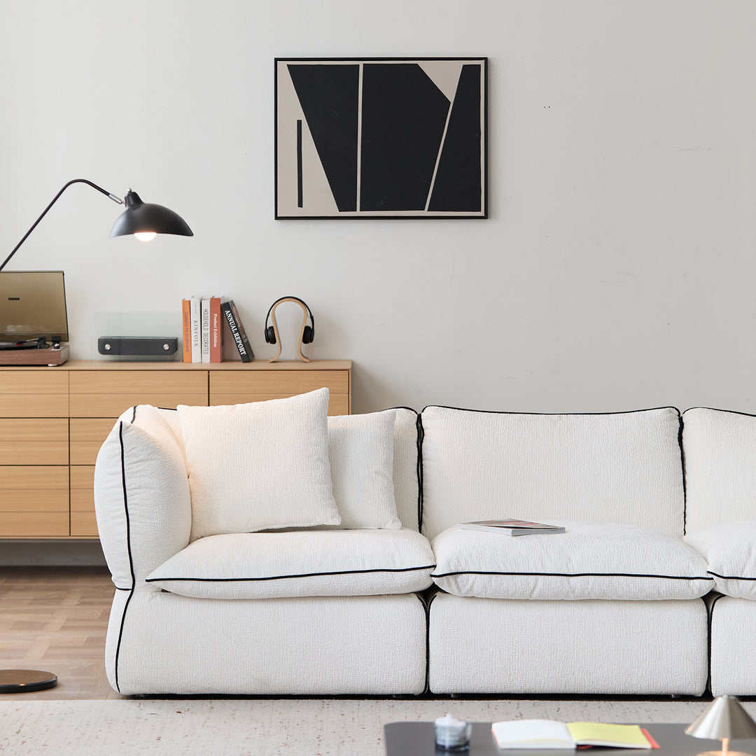 Minimalist chenille velvet fabric 2 seater sofa cloud in panoramic view.