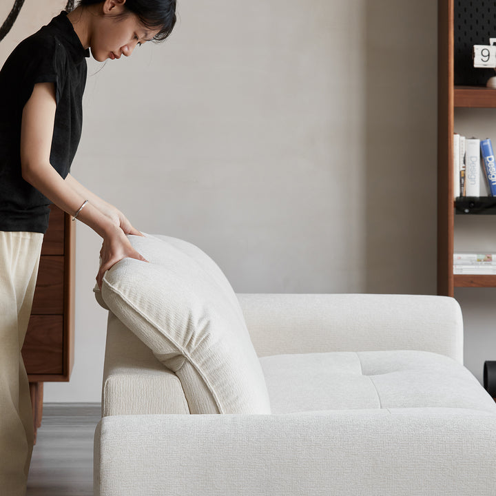 Minimalist chenille velvet fabric 2 seater sofa drift in close up details.