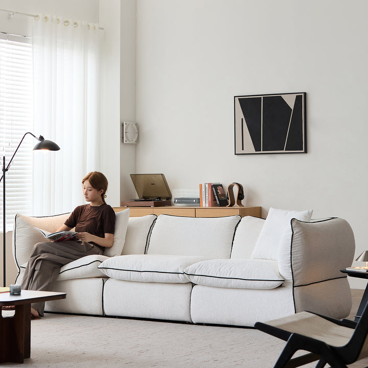 Minimalist chenille velvet fabric 4 seater sofa cloud primary product view.